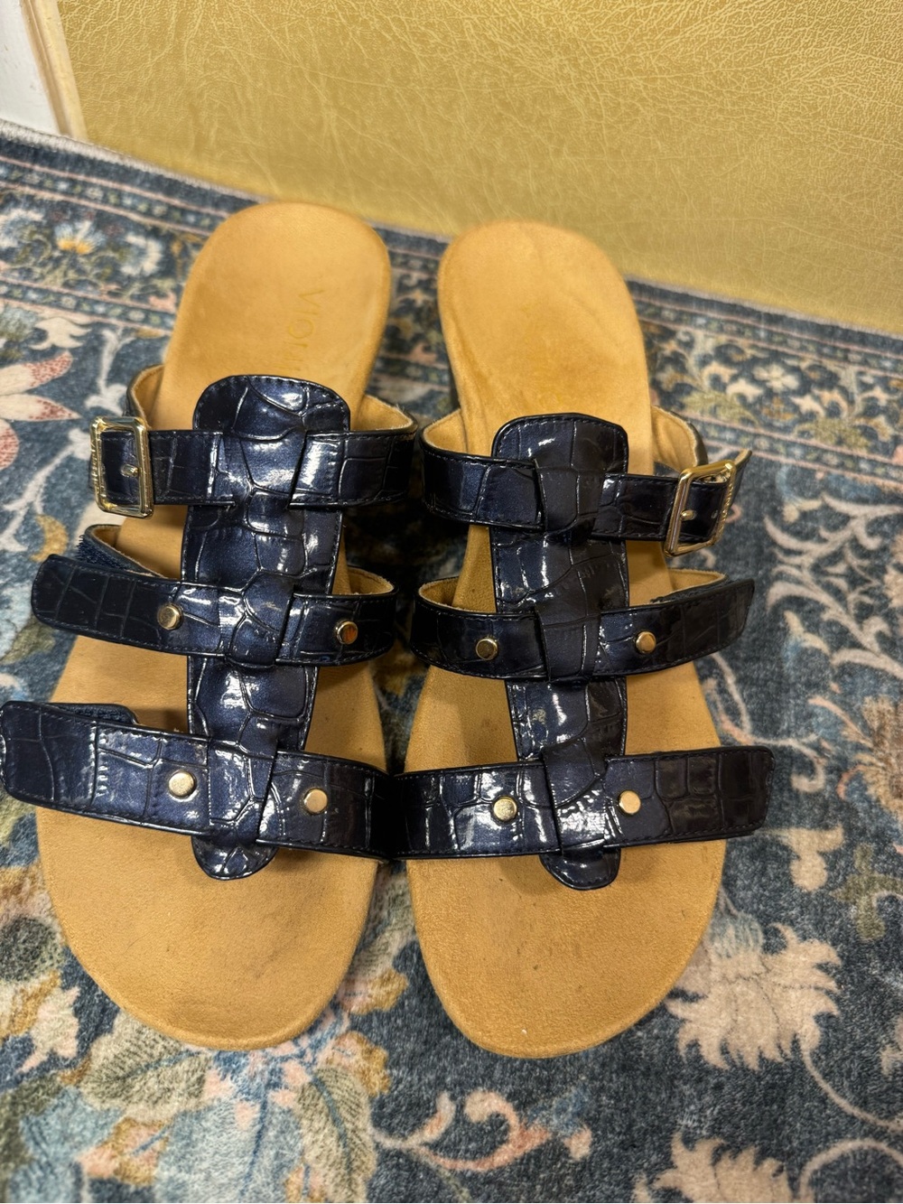Vionic Navy Croc-Embossed Triple Strap Slide Sandals
